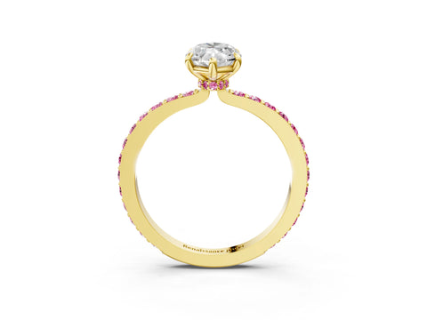 Yellow gold Marquise Cut Diamond Pavé Engagement Ring with Round with Pink Sapphire side stone Accents and Prong Setting_3