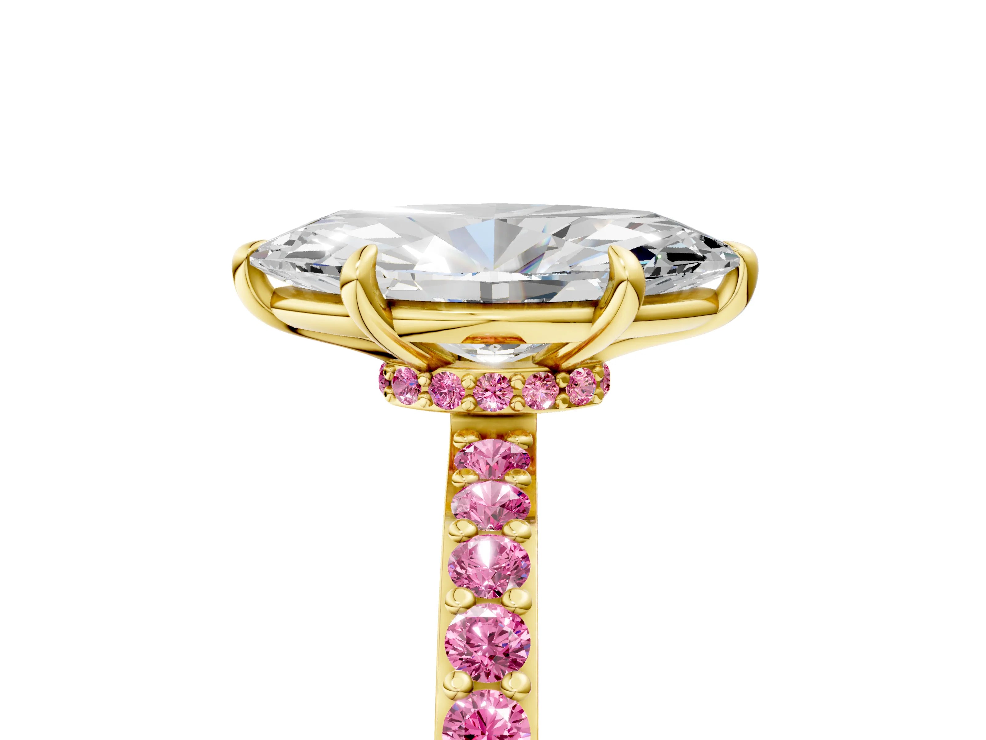 Yellow gold Marquise Cut Diamond Pavé Engagement Ring with Round with Pink Sapphire side stone Accents and Prong Setting_5