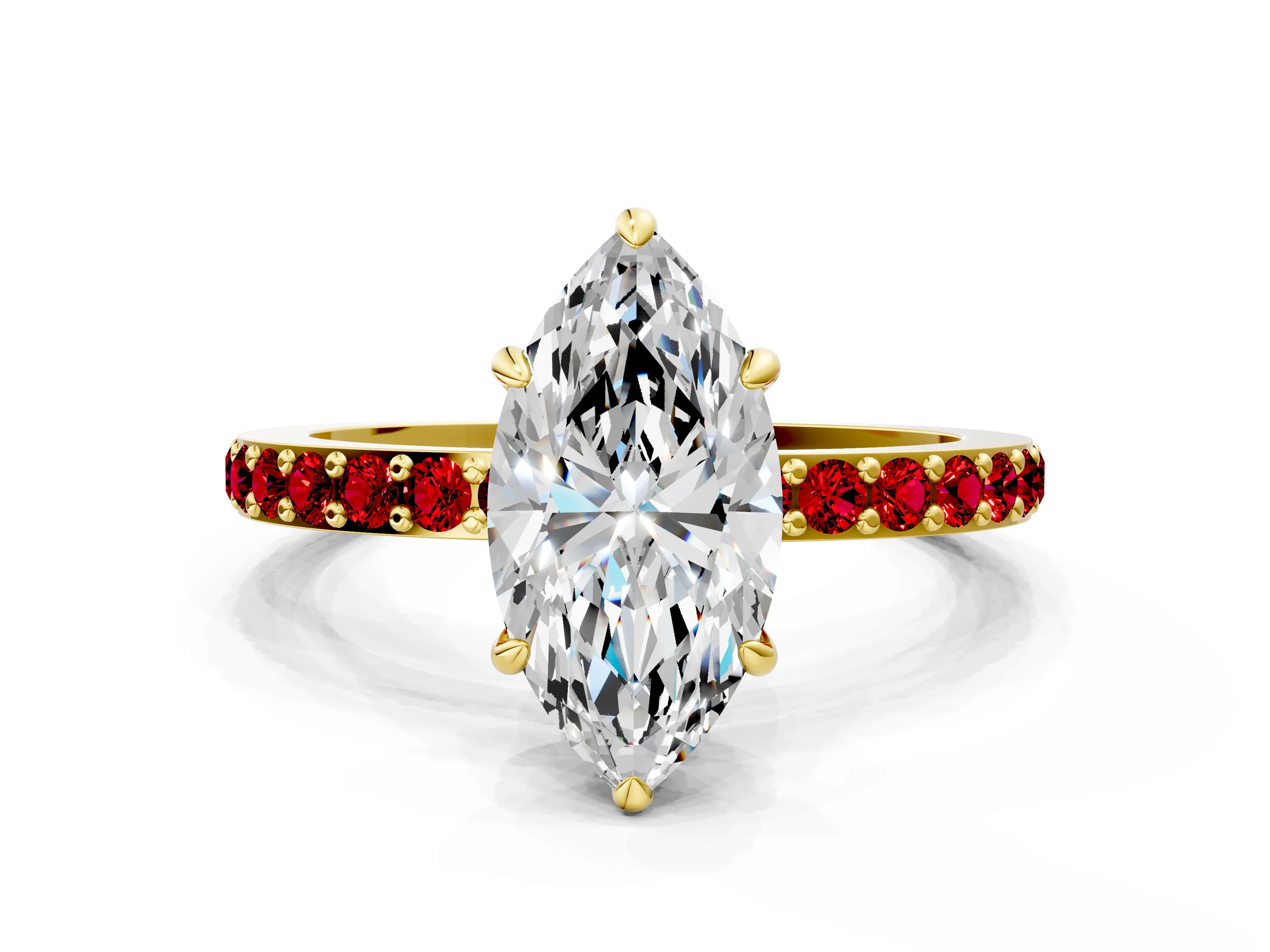 Yellow gold Marquise Cut Diamond Pavé Engagement Ring with Round with Ruby side stone Accents and Prong Setting