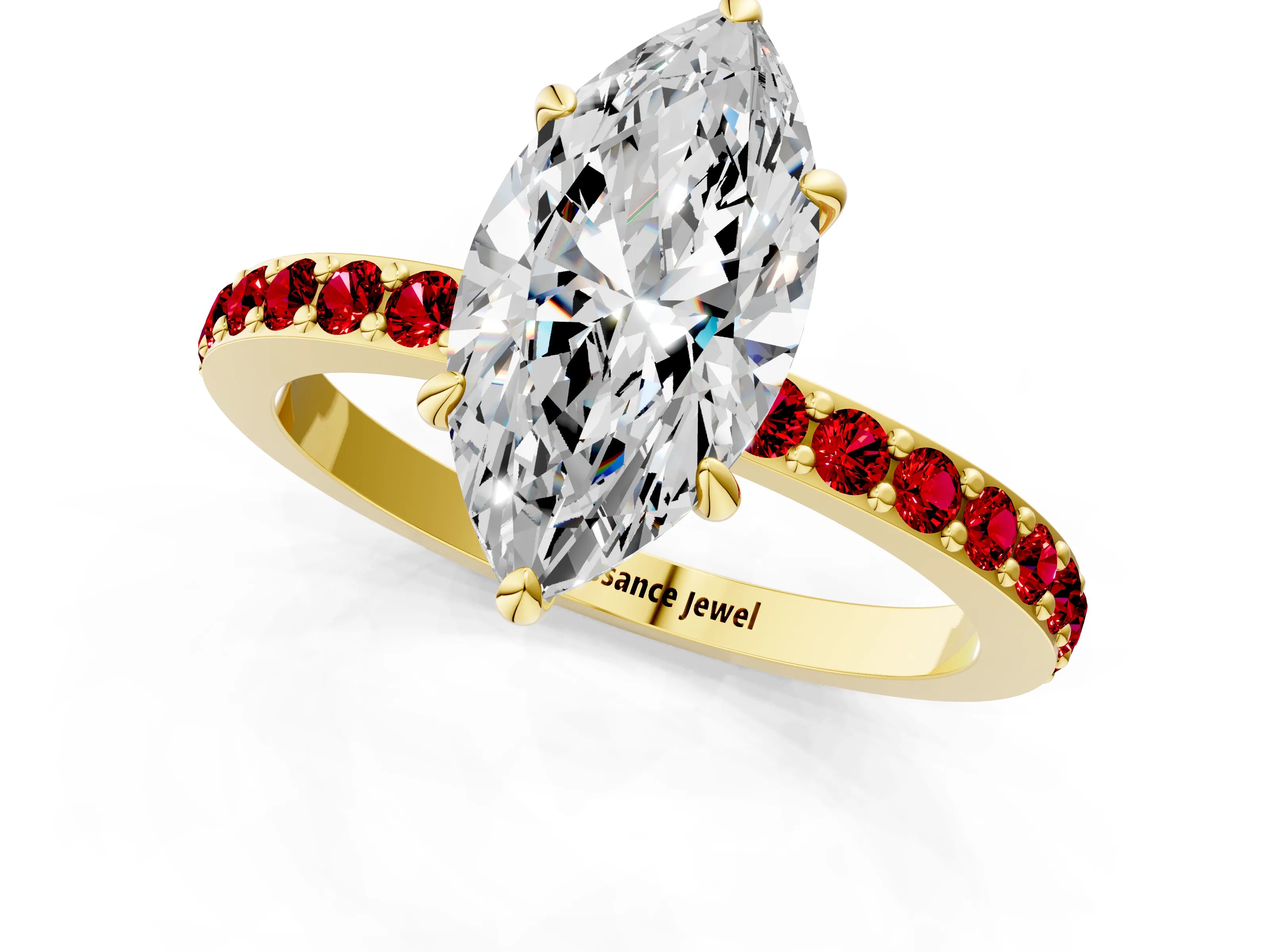 Yellow gold Marquise Cut Diamond Pavé Engagement Ring with Round with Ruby side stone Accents and Prong Setting_1