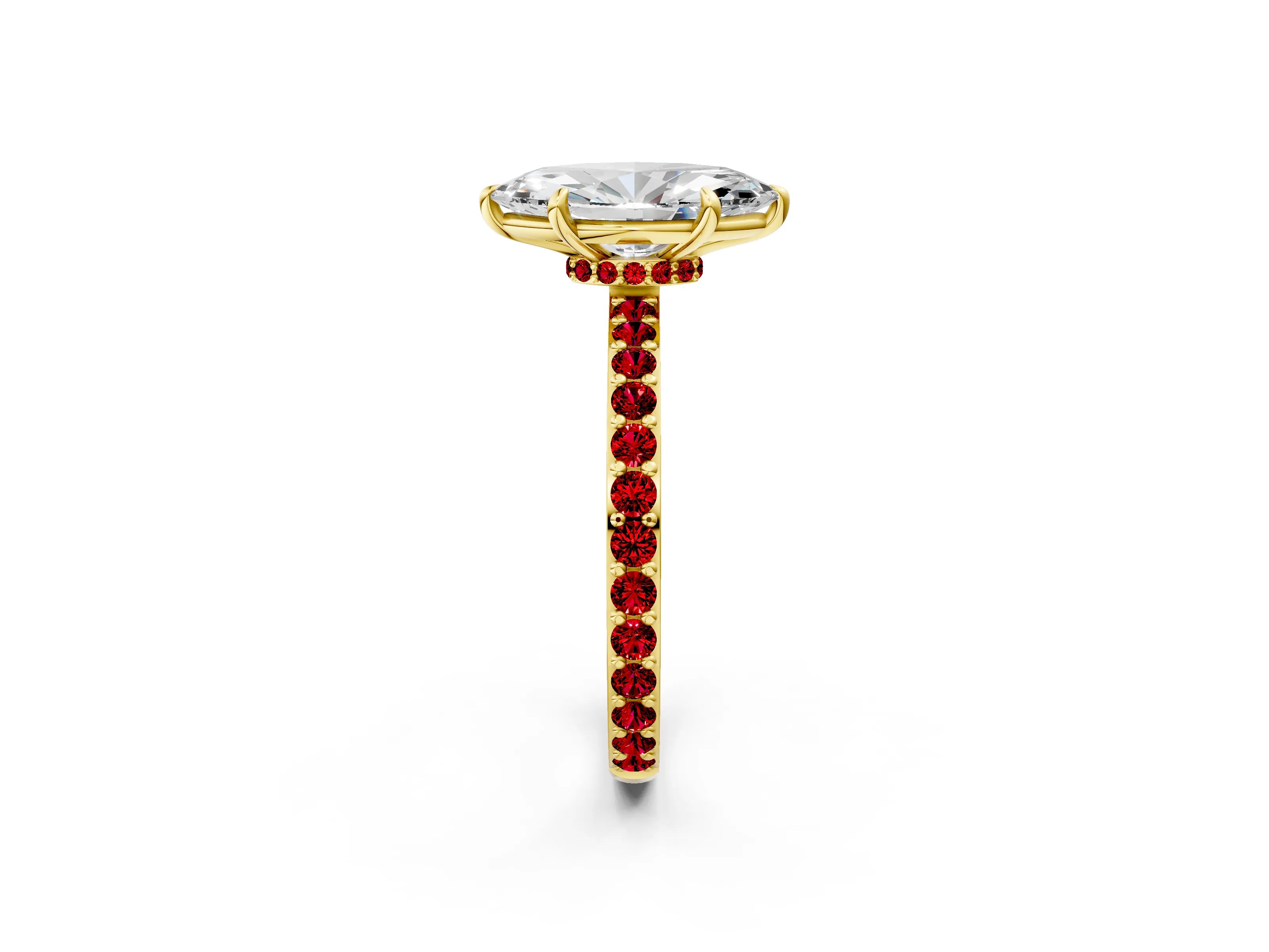 Yellow gold Marquise Cut Diamond Pavé Engagement Ring with Round with Ruby side stone Accents and Prong Setting_2