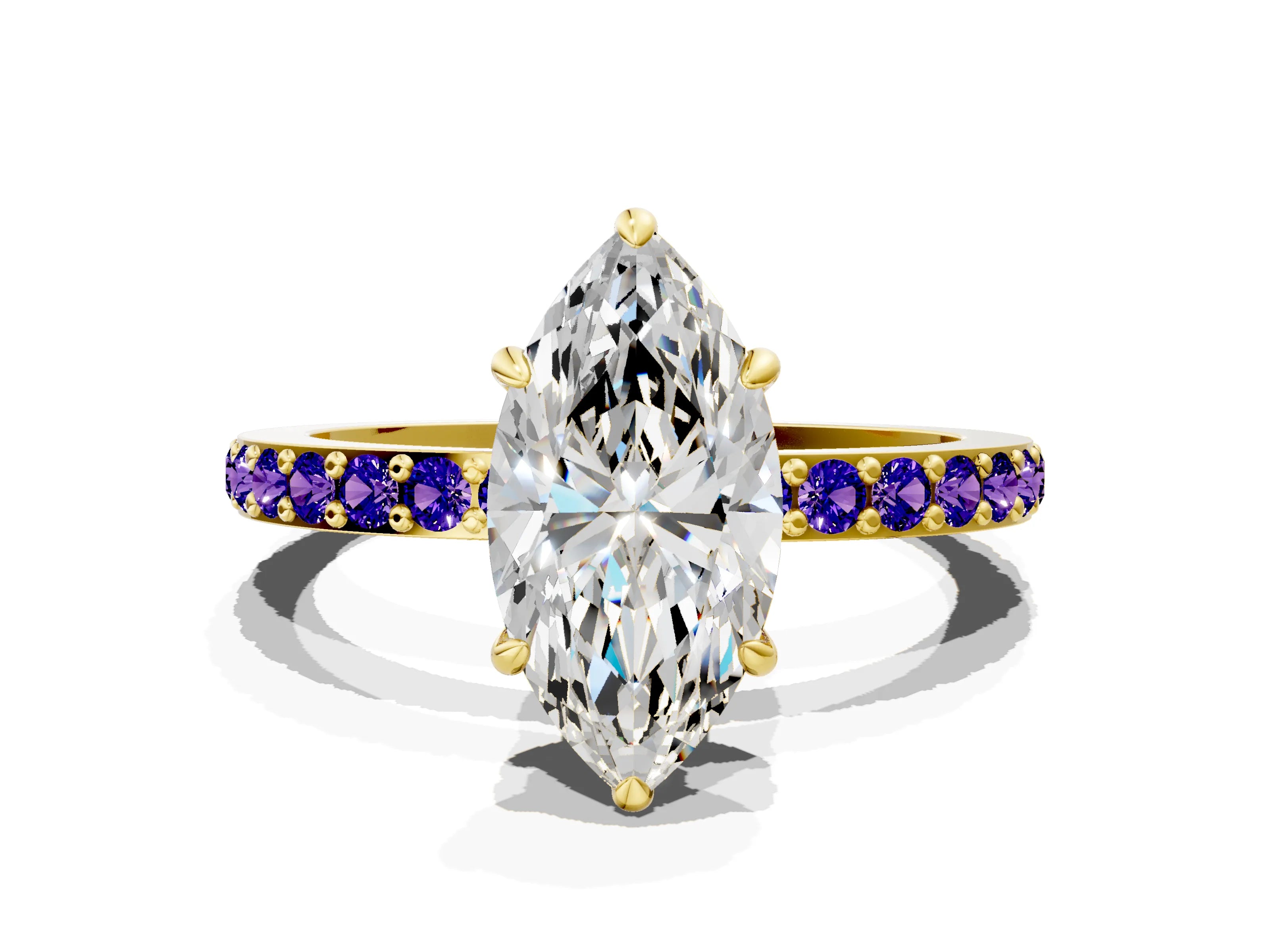 Yellow gold Marquise Cut Diamond Pavé Engagement Ring with Round with Tanzanite side stone Accents and Prong Setting