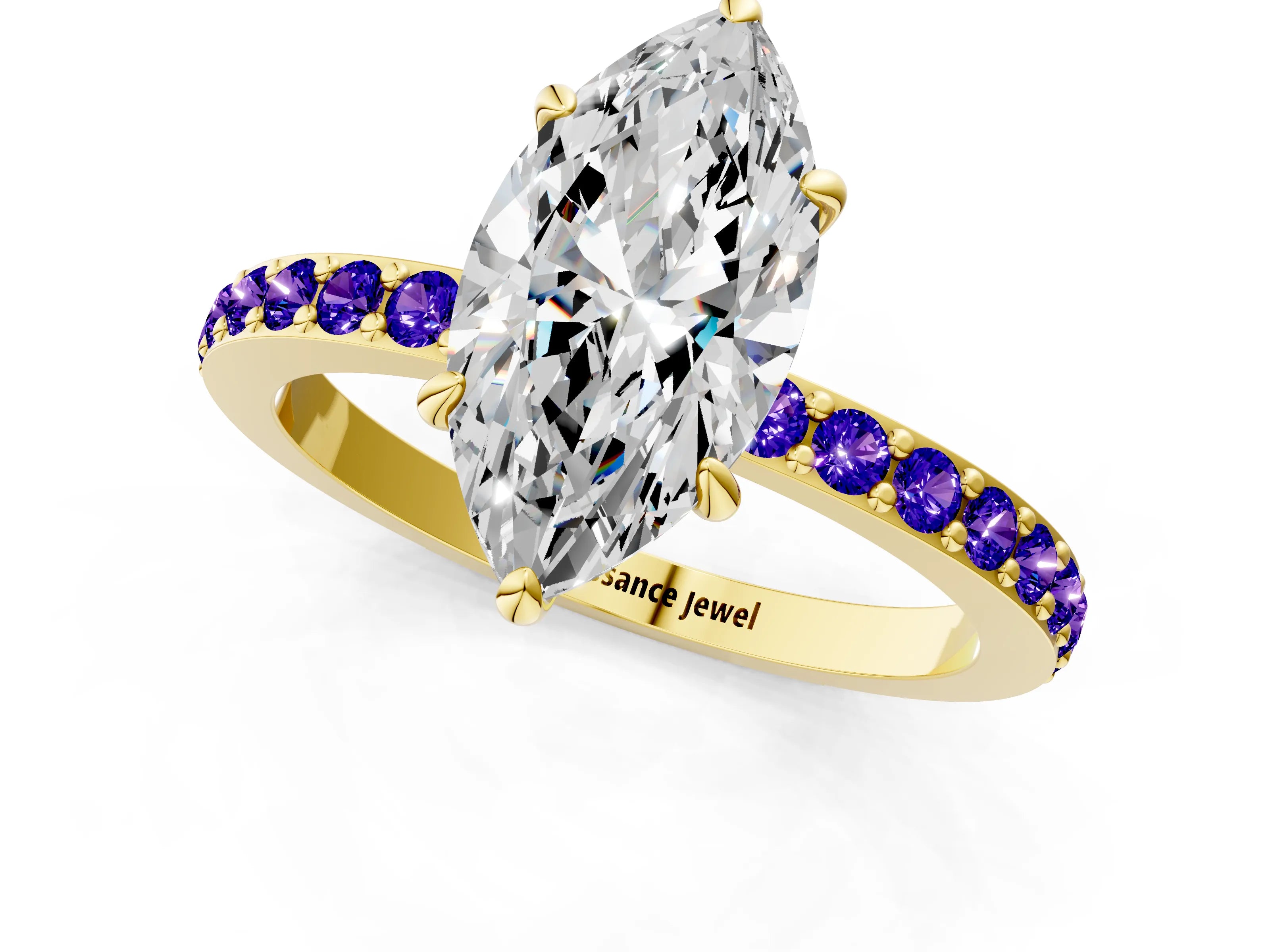 Yellow gold Marquise Cut Diamond Pavé Engagement Ring with Round with Tanzanite side stone Accents and Prong Setting_1