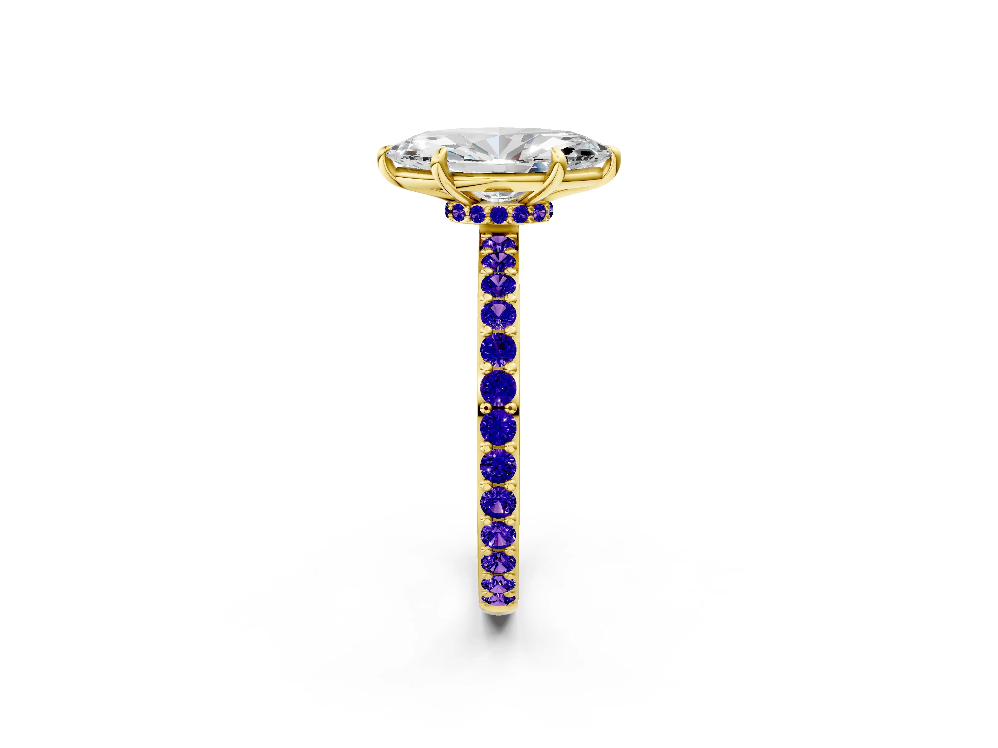 Yellow gold Marquise Cut Diamond Pavé Engagement Ring with Round with Tanzanite side stone Accents and Prong Setting_2