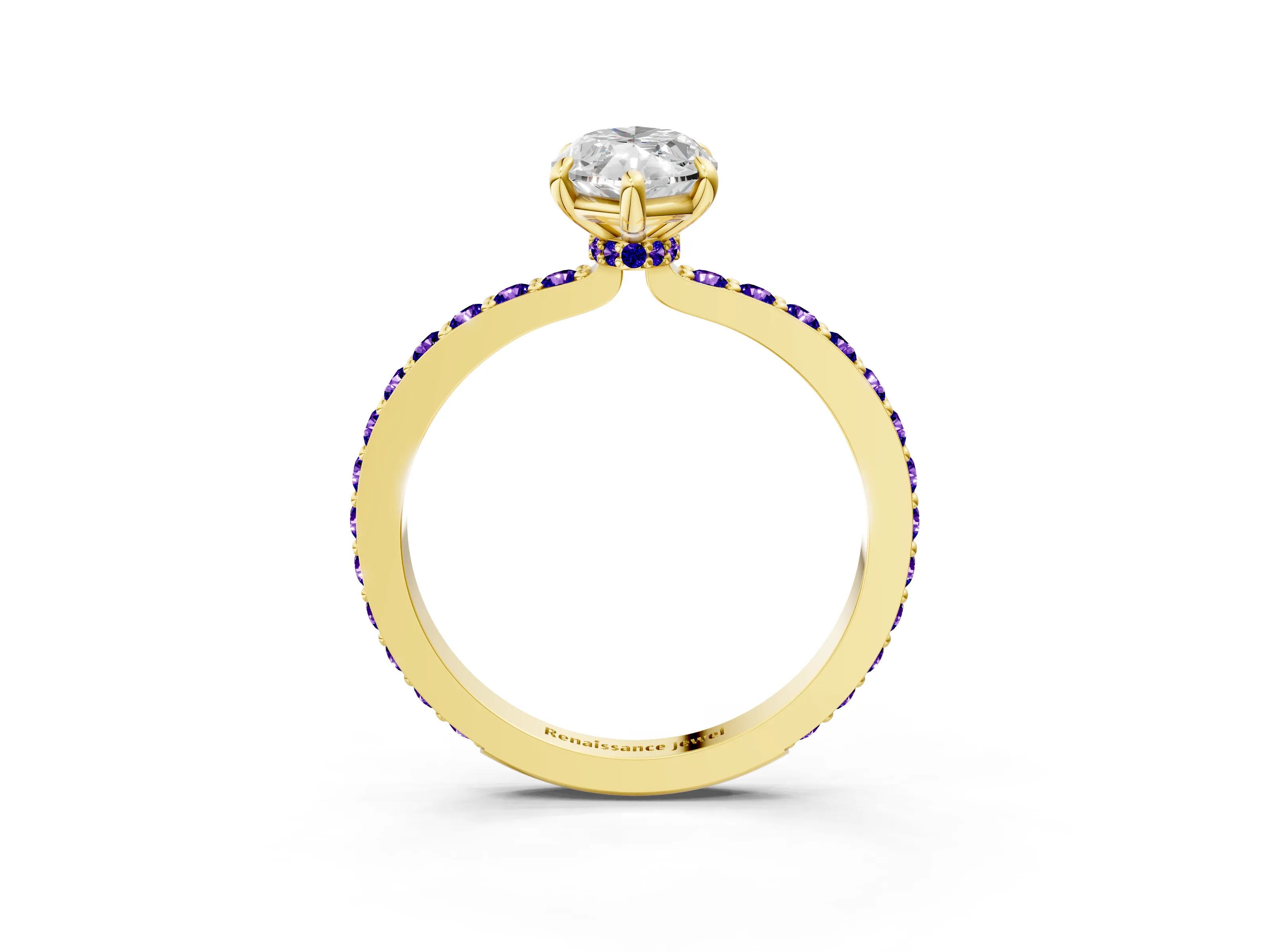 Yellow gold Marquise Cut Diamond Pavé Engagement Ring with Round with Tanzanite side stone Accents and Prong Setting_3