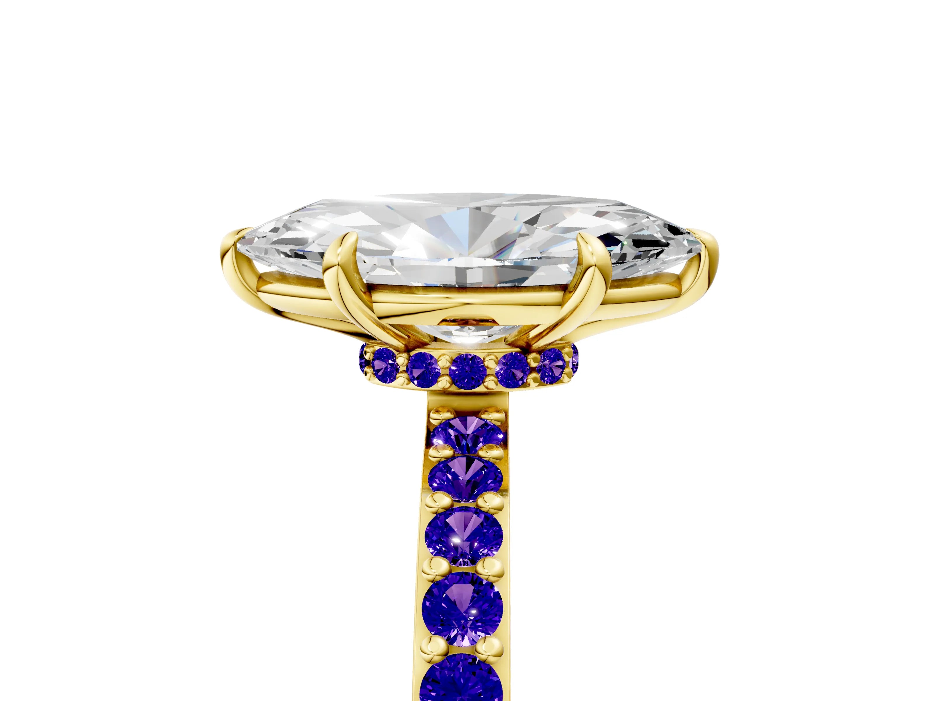 Yellow gold Marquise Cut Diamond Pavé Engagement Ring with Round with Tanzanite side stone Accents and Prong Setting_5