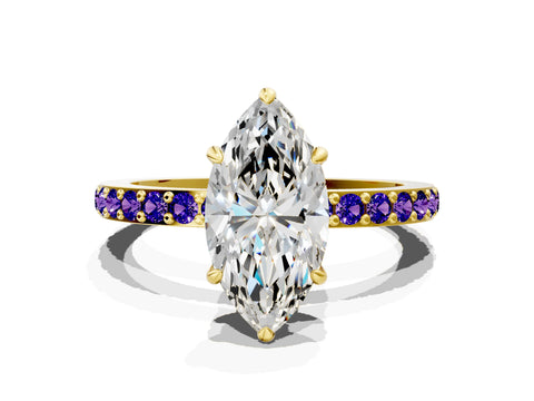 Yellow gold Marquise Cut Diamond Pavé Engagement Ring with Round with Tanzanite side stone Accents and Prong Setting