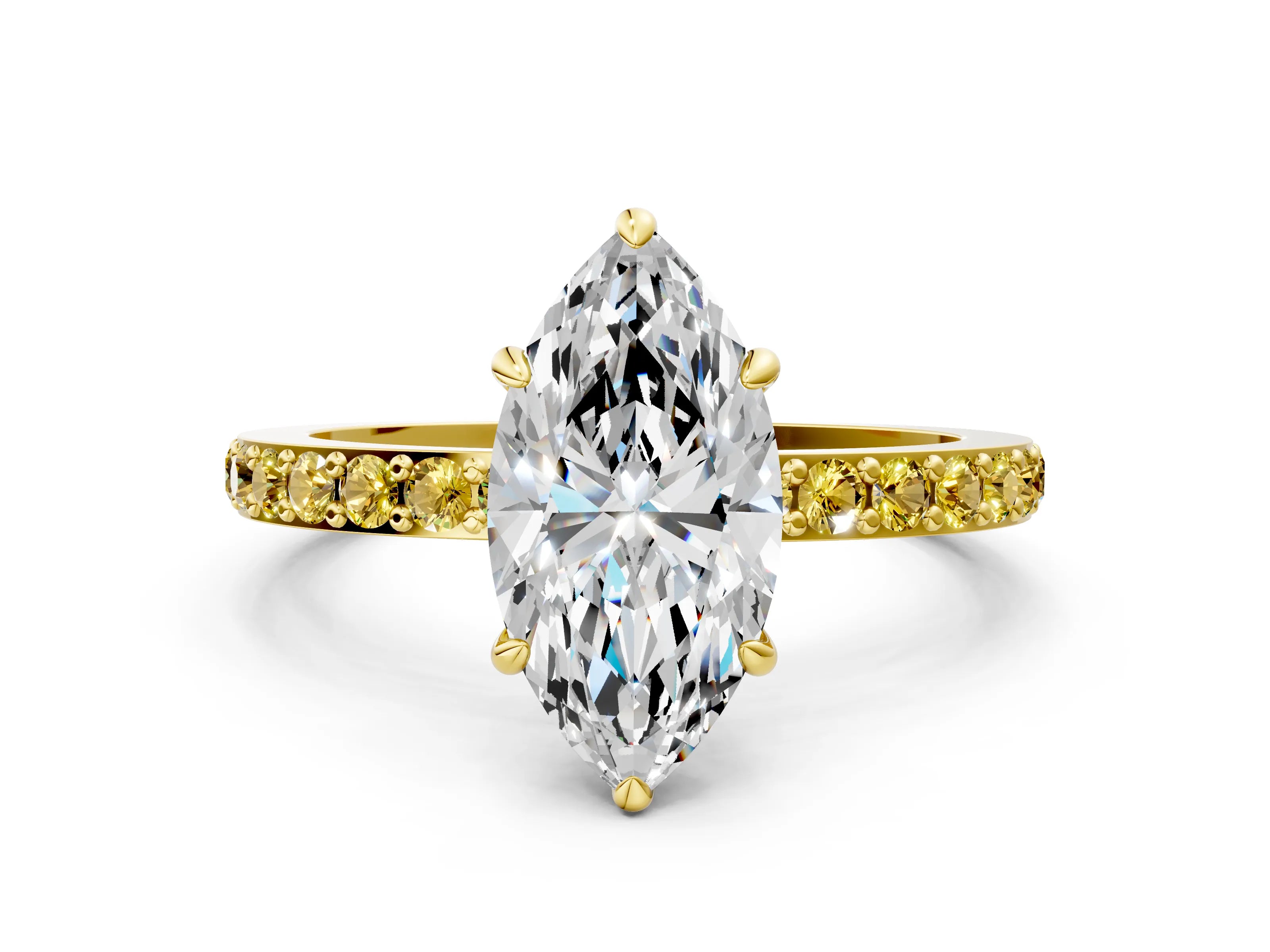 Yellow gold Marquise Cut Diamond Pavé Engagement Ring with Round with Yellow Sapphire side stone Accents and Prong Setting
