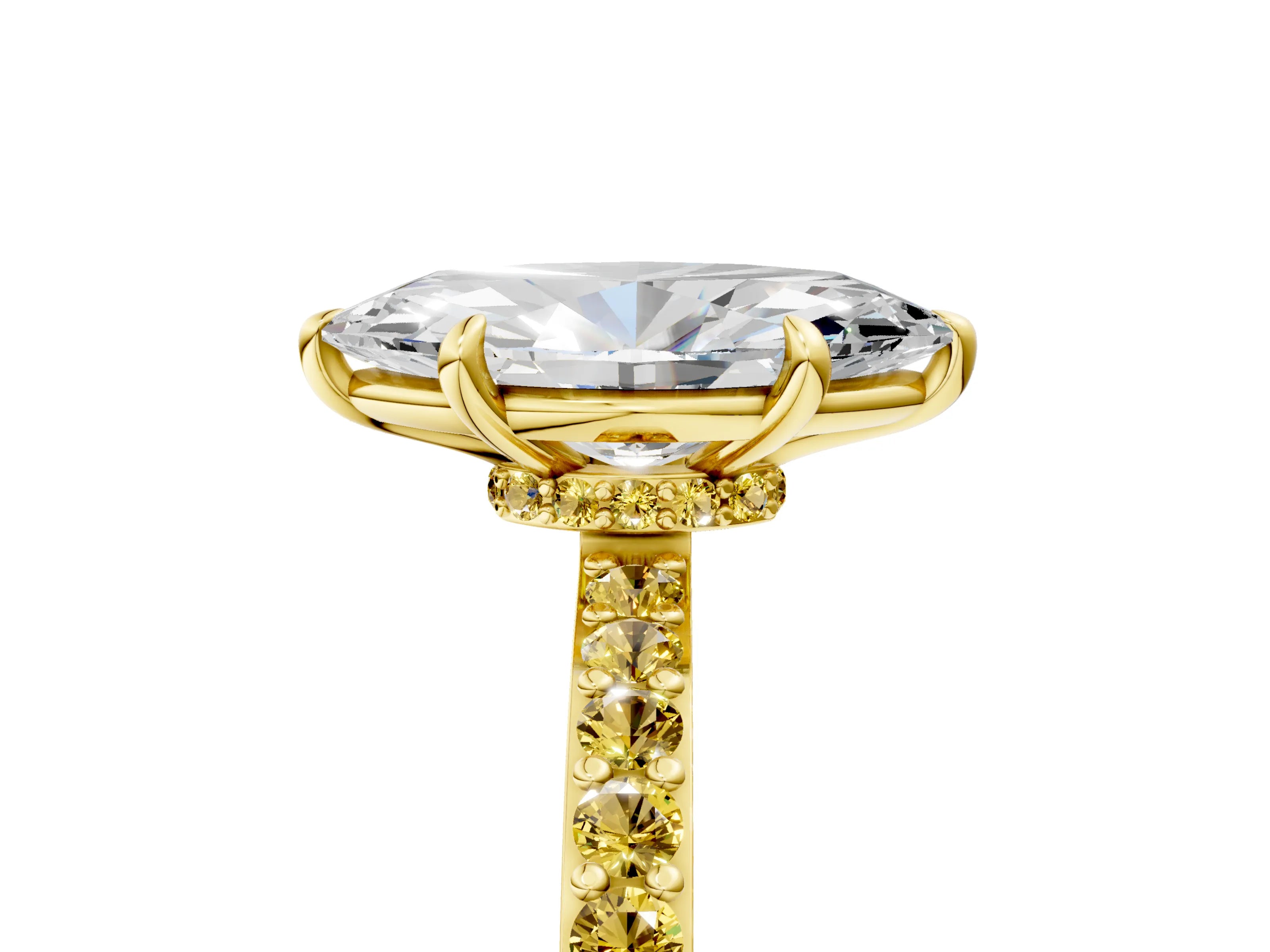 Yellow gold Marquise Cut Diamond Pavé Engagement Ring with Round with Yellow Sapphire side stone Accents and Prong Setting_5