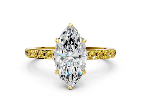 Yellow gold Marquise Cut Diamond Pavé Engagement Ring with Round with Yellow Sapphire side stone Accents and Prong Setting