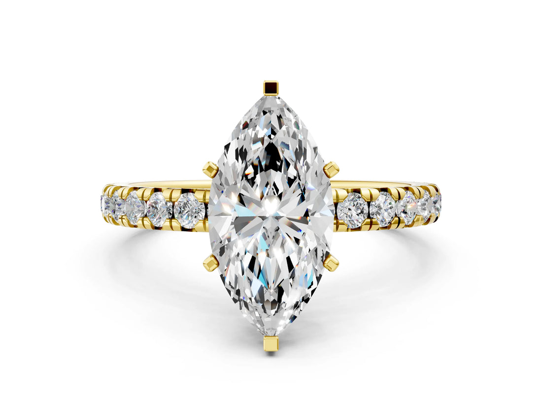 Yellow gold Marquise Cut Diamond Pavé Solitaire Ring with Round Band and Prong Setting_12