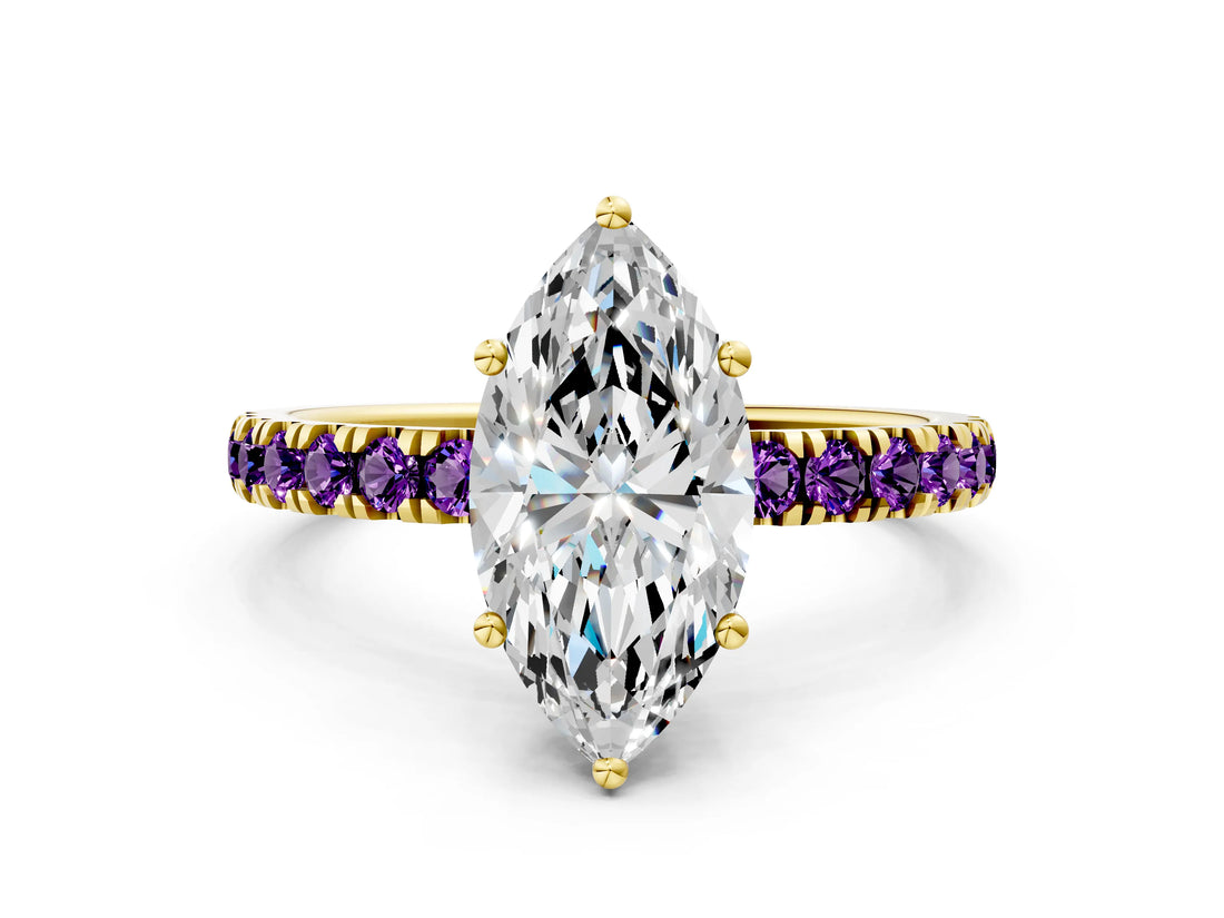 Yellow gold Marquise Cut Diamond Pave Band Solitaire Ring with Round with Amethyst side stone and Prong Setting
