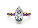 Yellow gold Marquise Cut Diamond Pave Band Solitaire Ring with Round with Amethyst side stone and Prong Setting
