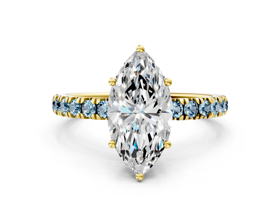 Yellow gold Marquise Cut Diamond Pave Band Solitaire Ring with Round with Aquamarine side stone and Prong Setting_12