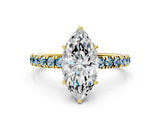 Yellow gold Marquise Cut Diamond Pave Band Solitaire Ring with Round with Aquamarine side stone and Prong Setting_12