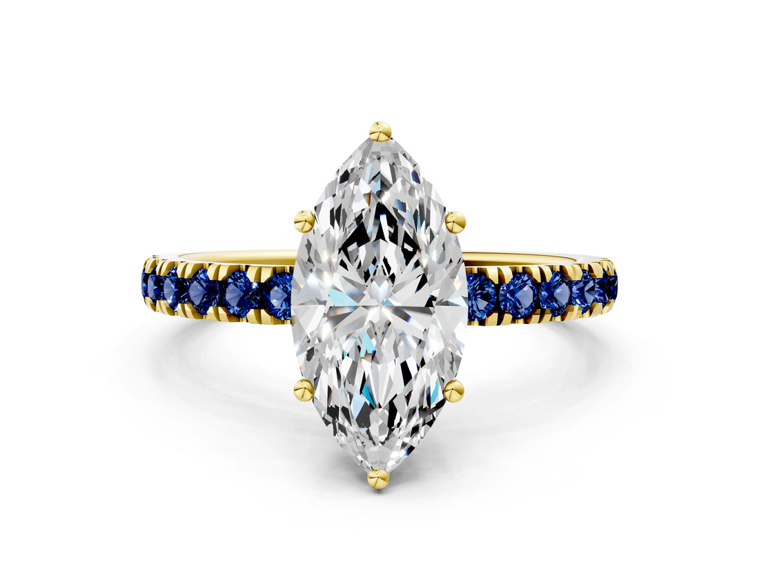 Yellow gold Marquise Cut Diamond Pave Band Solitaire Ring with Round with Blue Sapphire side stone and Prong Setting_12