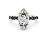 Yellow gold Marquise Cut Diamond Pave Band Solitaire Ring with Round with Blue Sapphire side stone and Prong Setting_12