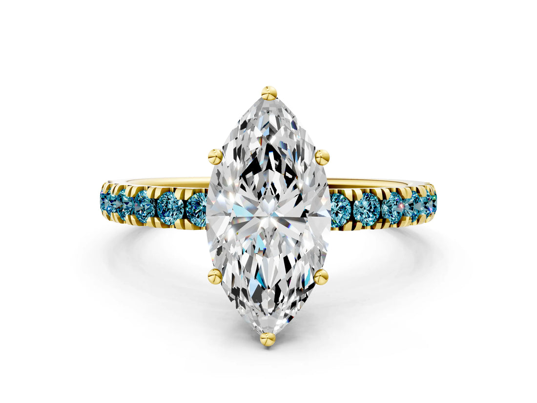 Yellow gold Marquise Cut Diamond Pave Band Solitaire Ring with Round with Blue Topaz side stone and Prong Setting_12
