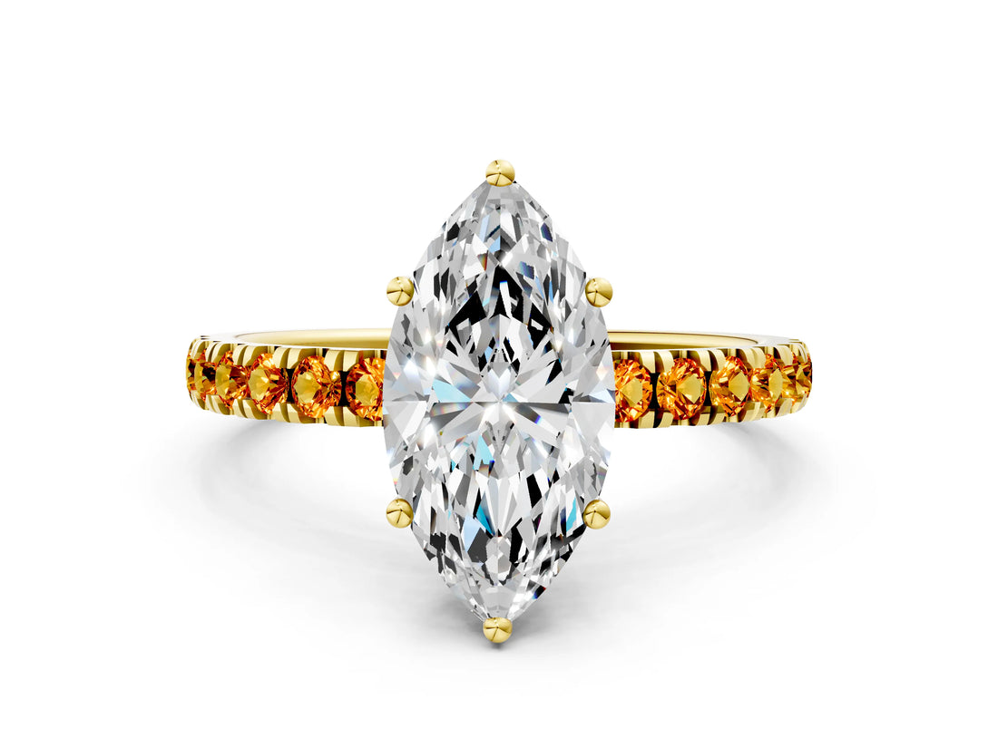 Yellow gold Marquise Cut Diamond Pave Band Solitaire Ring with Round with Citrine side stone and Prong Setting