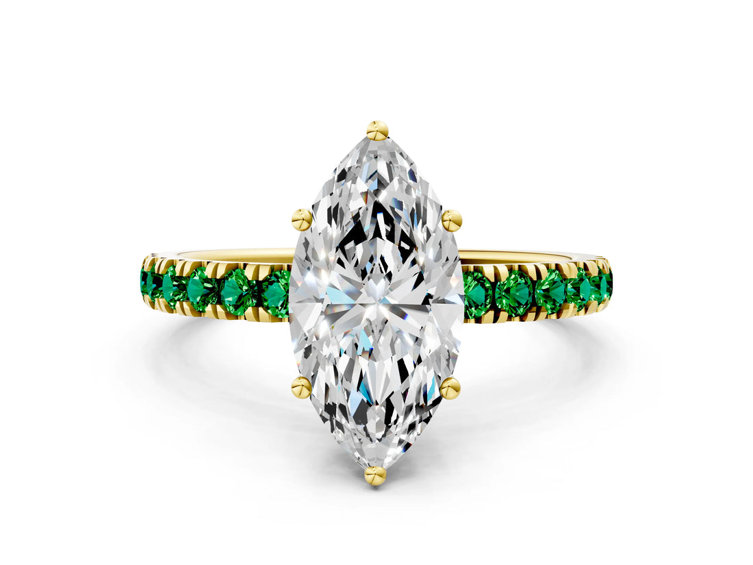 Yellow gold Marquise Cut Diamond Pave Band Solitaire Ring with Round with Emerald side stone and Prong Setting