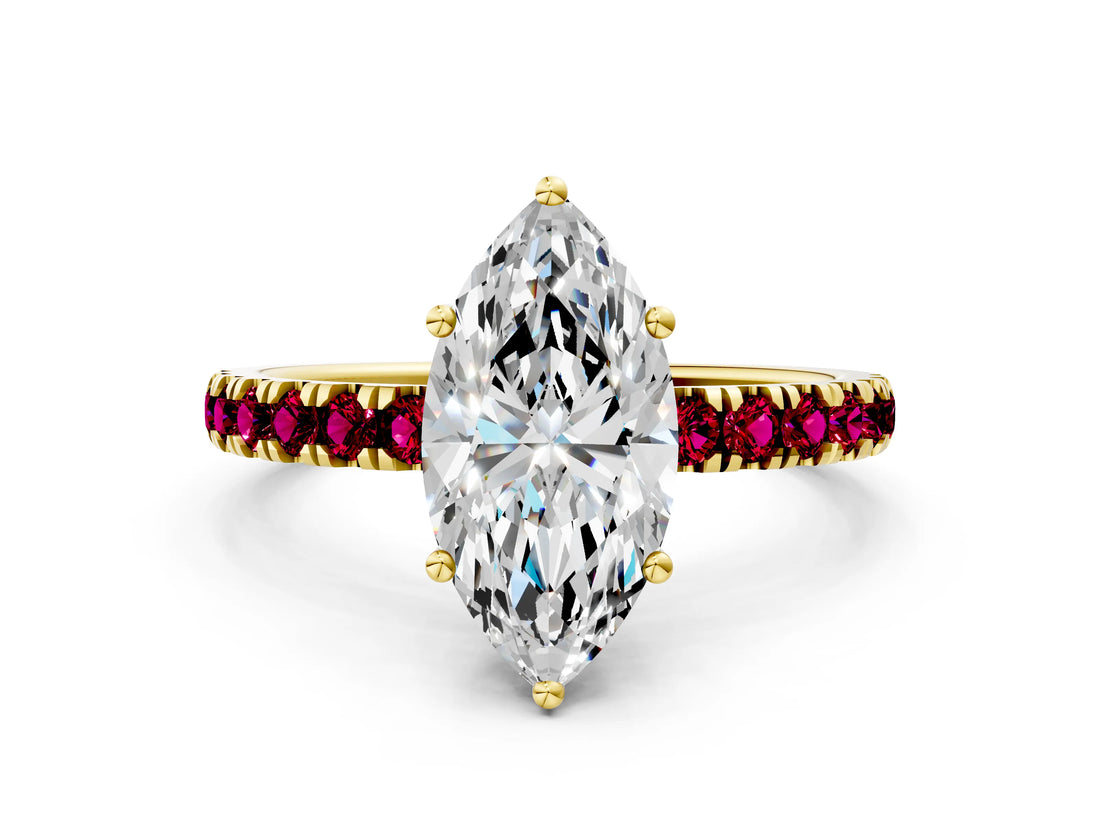 Yellow gold Marquise Cut Diamond Pave Band Solitaire Ring with Round with Garnet side stone and Prong Setting_12