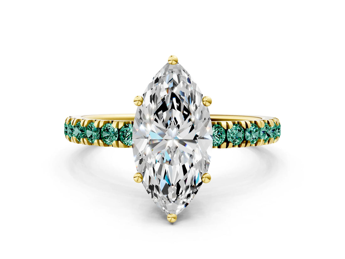 Yellow gold Marquise Cut Diamond Pave Band Solitaire Ring with Round with Green Sapphire side stone and Prong Setting_24
