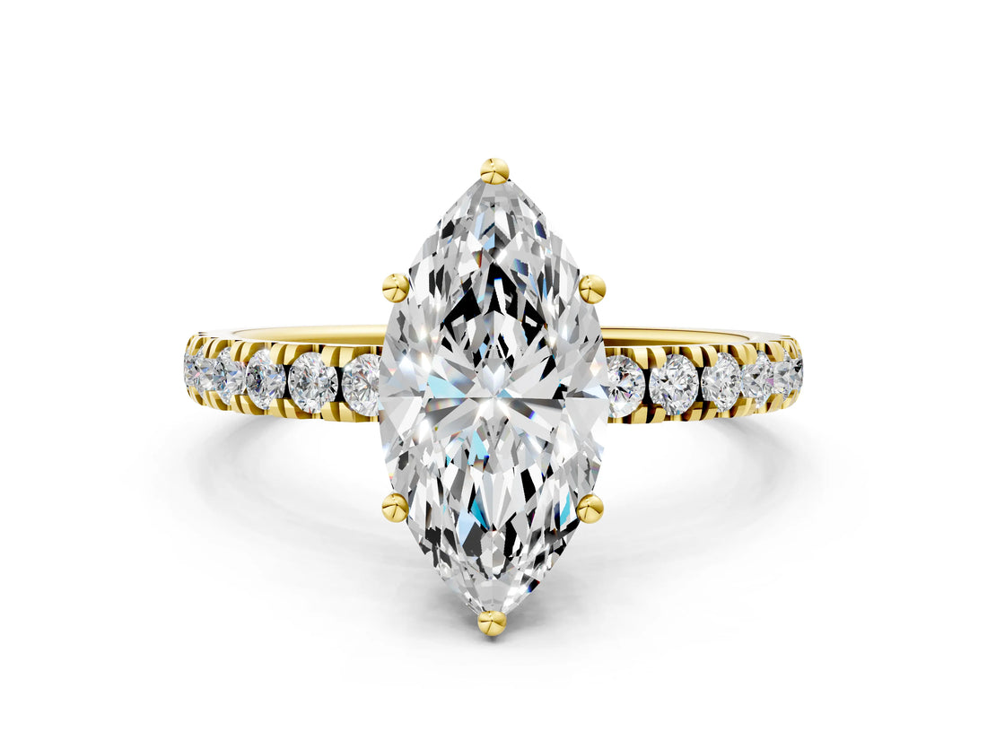 Yellow gold Marquise Cut Diamond Pave Band Solitaire Ring with Round with Moissanite side stone and Prong Setting_24