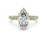 Yellow gold Marquise Cut Diamond Pave Band Solitaire Ring with Round with Moissanite side stone and Prong Setting_24