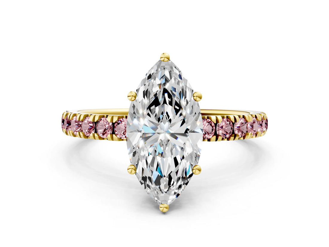 Yellow gold Marquise Cut Diamond Pave Band Solitaire Ring with Round with Morganite side stone and Prong Setting_12
