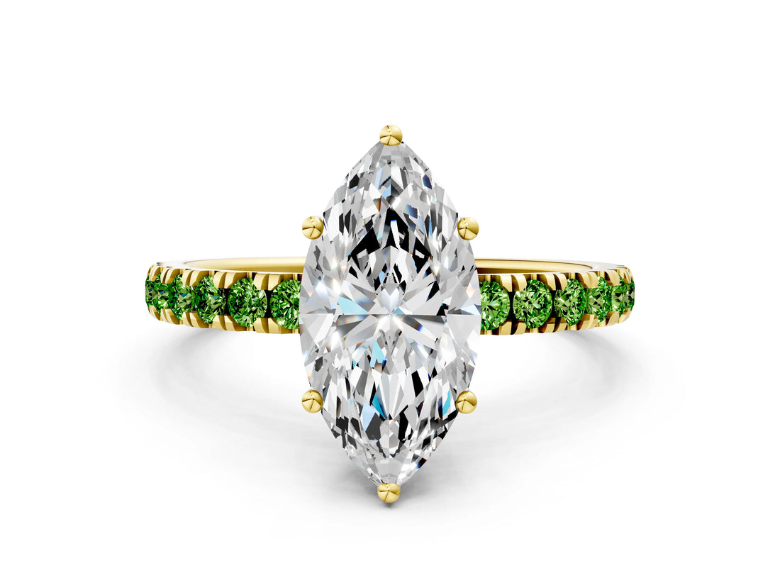 Yellow gold Marquise Cut Diamond Pave Band Solitaire Ring with Round with Peridot side stone and Prong Setting
