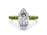 Yellow gold Marquise Cut Diamond Pave Band Solitaire Ring with Round with Peridot side stone and Prong Setting