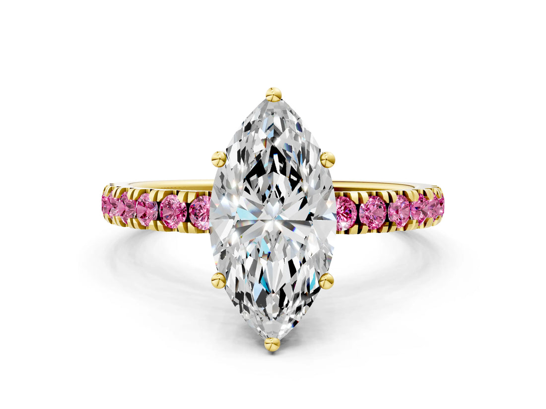 Yellow gold Marquise Cut Diamond Pave Band Solitaire Ring with Round with Pink Sapphire side stone and Prong Setting_12