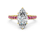 Yellow gold Marquise Cut Diamond Pave Band Solitaire Ring with Round with Pink Sapphire side stone and Prong Setting_12