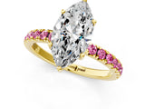 Yellow gold Marquise Cut Diamond Pave Band Solitaire Ring with Round with Pink Sapphire side stone and Prong Setting_13
