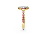 Yellow gold Marquise Cut Diamond Pave Band Solitaire Ring with Round with Pink Sapphire side stone and Prong Setting_14