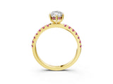Yellow gold Marquise Cut Diamond Pave Band Solitaire Ring with Round with Pink Sapphire side stone and Prong Setting_15