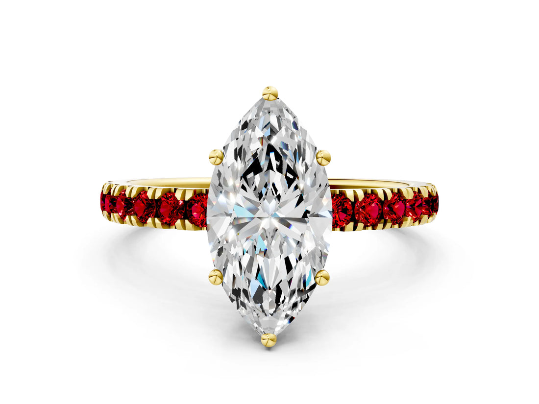 Yellow gold Marquise Cut Diamond Pave Band Solitaire Ring with Round with Ruby side stone and Prong Setting_12
