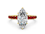Yellow gold Marquise Cut Diamond Pave Band Solitaire Ring with Round with Ruby side stone and Prong Setting_12
