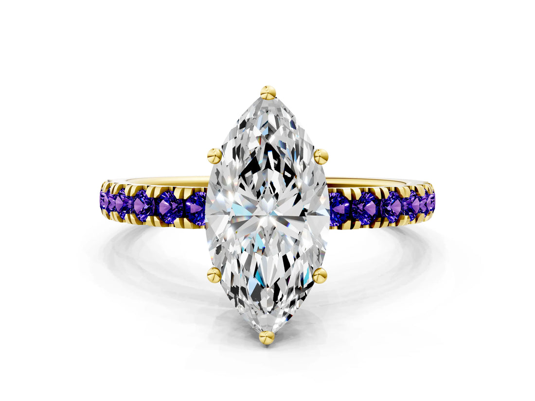 Yellow gold Marquise Cut Diamond Pave Band Solitaire Ring with Round with Tanzanite side stone and Prong Setting