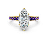 Yellow gold Marquise Cut Diamond Pave Band Solitaire Ring with Round with Tanzanite side stone and Prong Setting