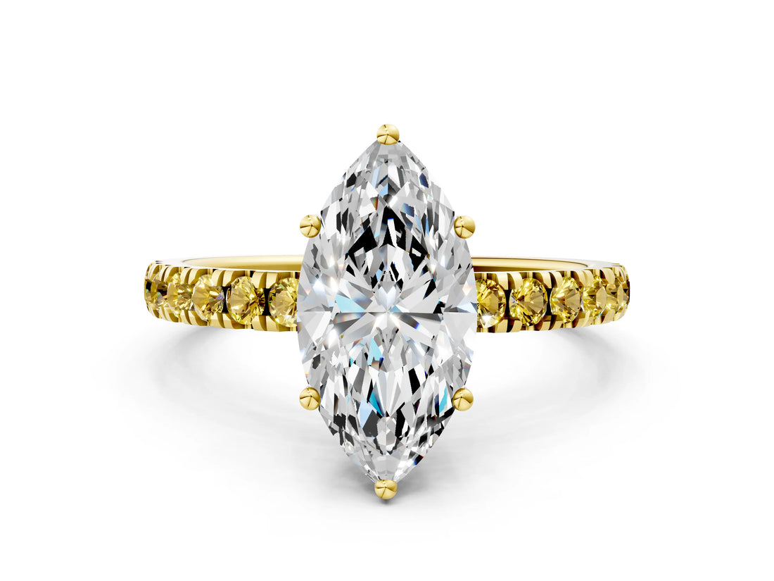 Yellow gold Marquise Cut Diamond Pave Band Solitaire Ring with Round with Yellow Sapphire side stone and Prong Setting_12
