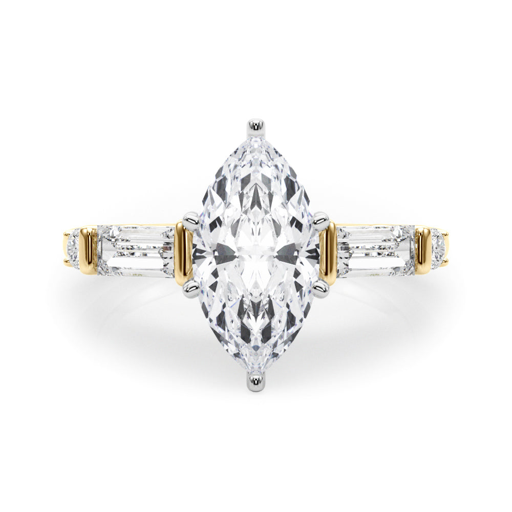 Yellow gold Marquise Cut Diamond Ring with Baguette Side Stones, Channel Set Band, and Four-Prong Setting 1