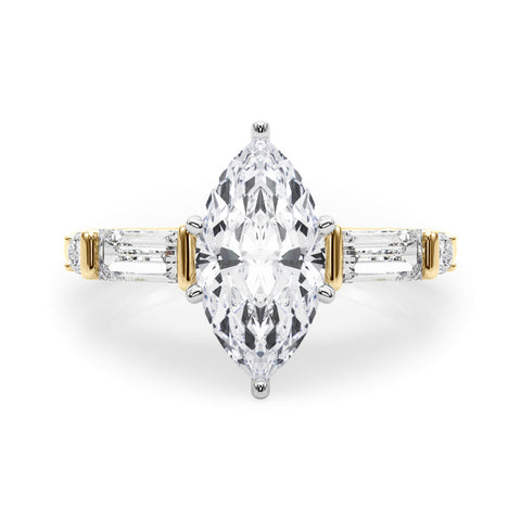Yellow gold Marquise Cut Diamond Ring with Baguette Side Stones, Channel Set Band, and Four-Prong Setting 1