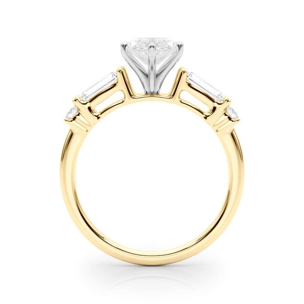 Yellow gold Marquise Cut Diamond Ring with Baguette Side Stones, Channel Set Band, and Four-Prong Setting 2