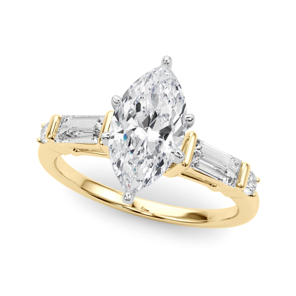Yellow gold Marquise Cut Diamond Ring with Baguette Side Stones, Channel Set Band, and Four-Prong Setting