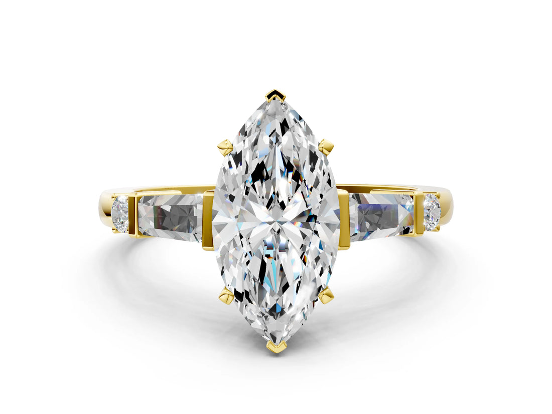 Yellow gold Marquise Cut Diamond Ring with Baguette Side Stones, Channel Set Band, and Four-Prong Setting_25