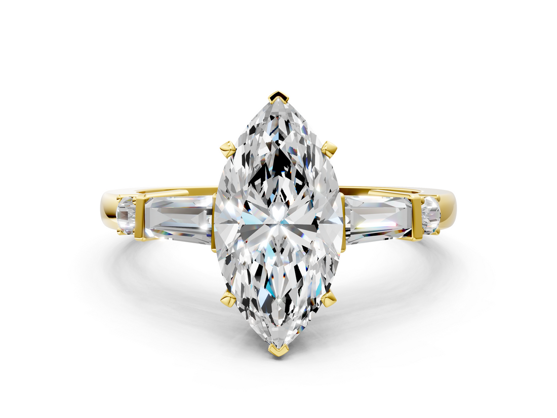 Yellow gold Marquise Cut Diamond Ring with Baguette Side Stones, Channel Set Band, and Four-Prong Setting_42