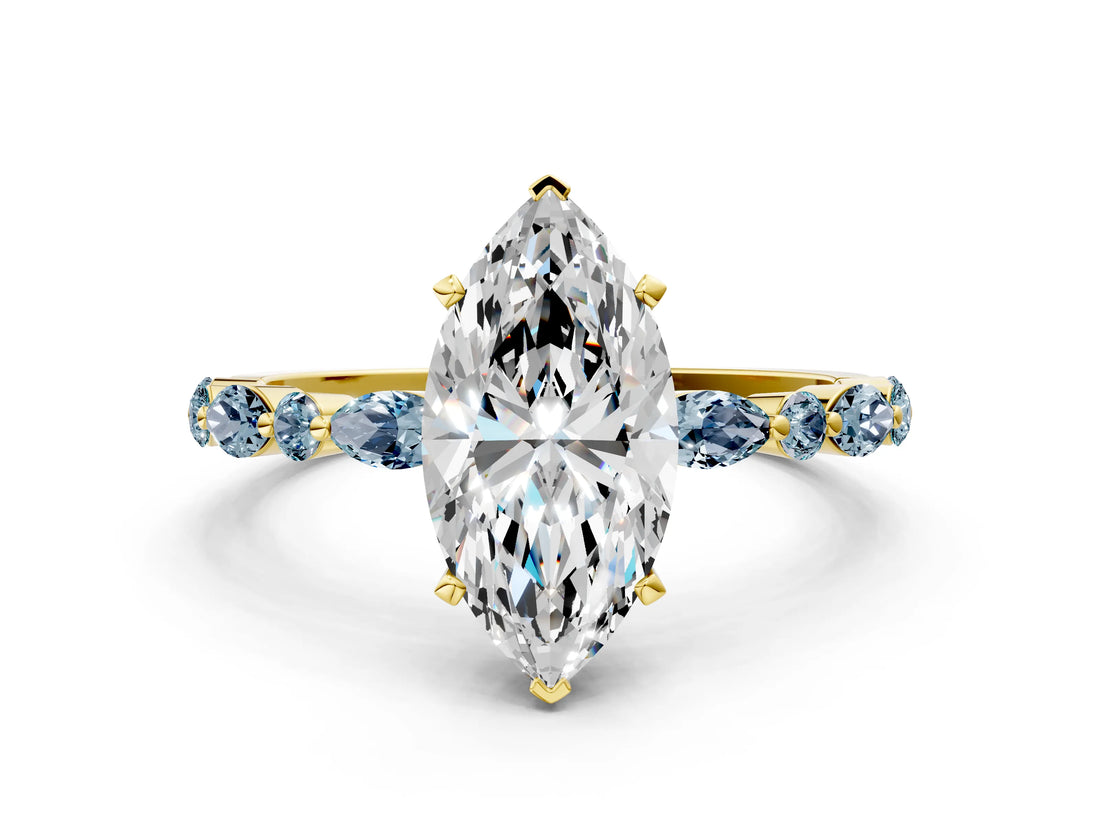Yellow gold Marquise Cut Diamond Ring with Marquise and Round with Aquamarine side stone Side Stones and Four-Prong Setting_12