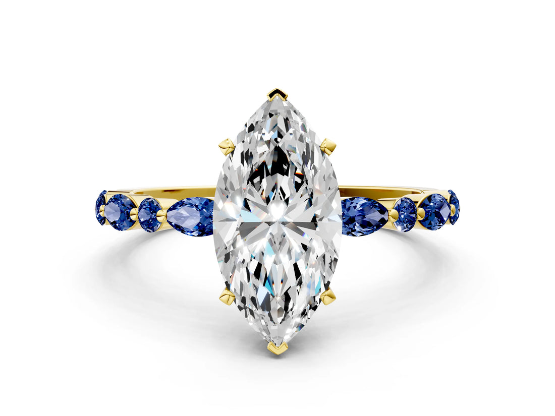 Yellow gold Marquise Cut Diamond Ring with Marquise and Round with Blue Sapphire side stone Side Stones and Four-Prong Setting_48