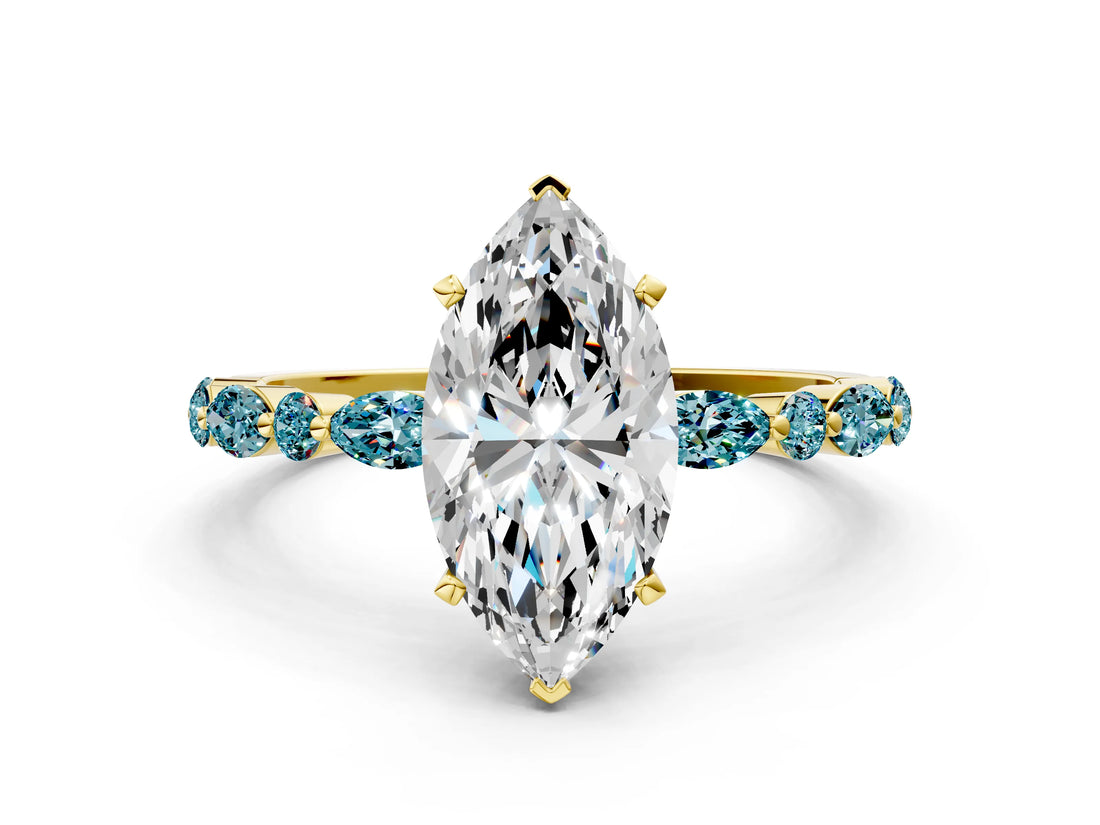 Yellow gold Marquise Cut Diamond Ring with Marquise and Round with Blue Topaz side stone Side Stones and Four-Prong Setting_24
